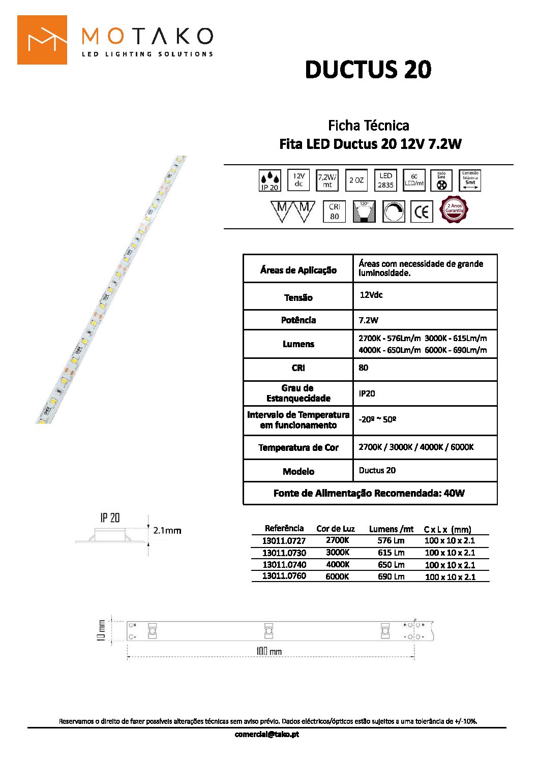 FITA DE LED 7,2W/MT 6000K 12V IP20 DUCTUS20 - Image 2
