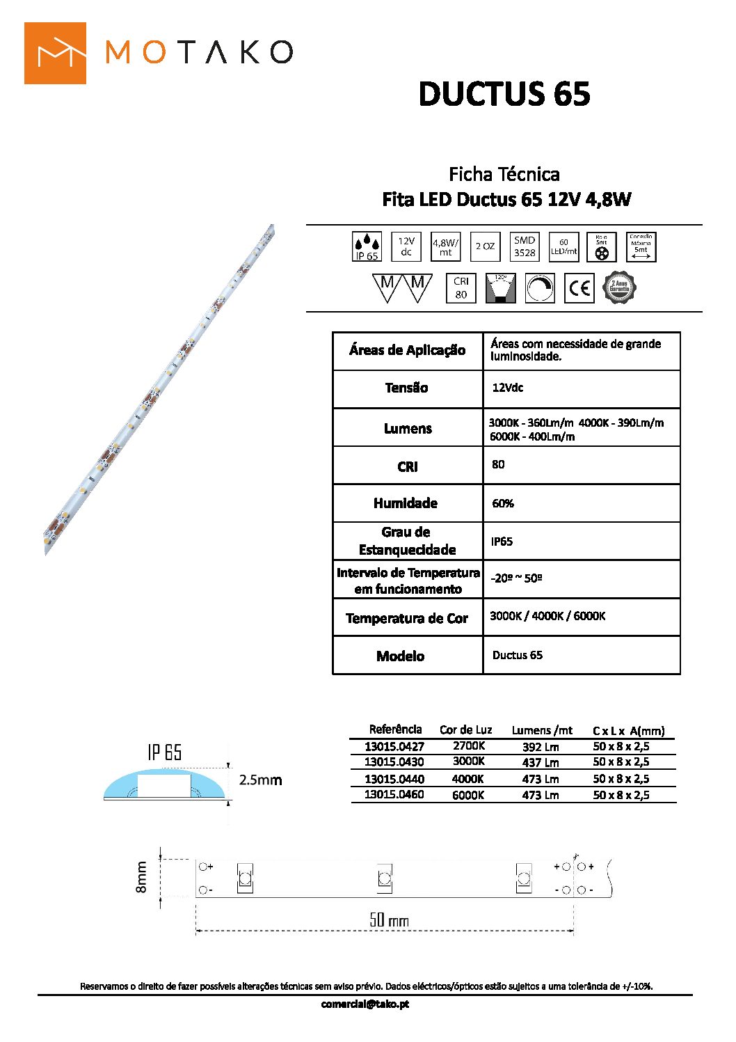 FITA DE LED 4,8W/MT 4000K 12V IP65 DUCTUS65