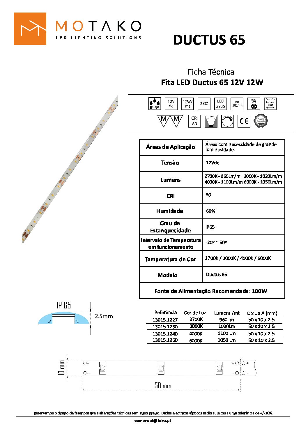 FITA DE LED 12W/MT 3000K 12V IP65 DUCTUS65 - Image 2